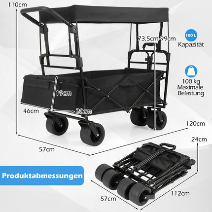 Folding Wagon with Removable Canopy, Adjustable Handles, Black