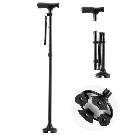 Folding Walking Cane, 4-Prong Pivoting Base, 8-Level Height, 250 lb, Black