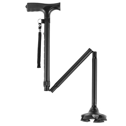 Folding Walking Cane, 4-Prong Pivoting Base, 8-Level Height, 250 lb, Black