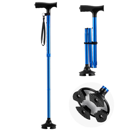 Folding Walking Cane, 8-Level, Quad Base, 250 Lb, Blue