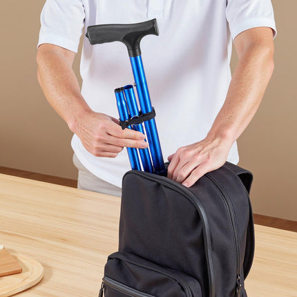 Folding Walking Cane, 8-Level, Quad Base, 250 Lb, Blue