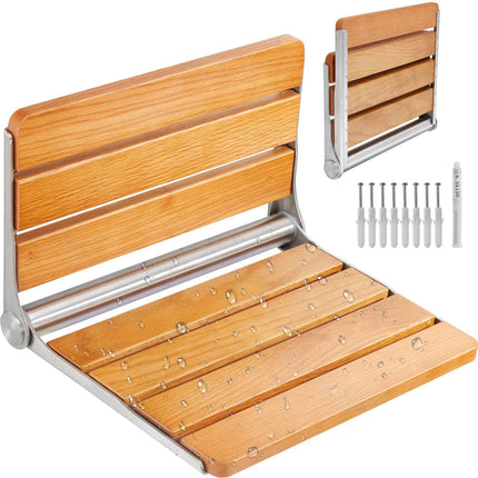 Folding Wall-Mounted Oak Shower Seat, 440 lb Capacity
