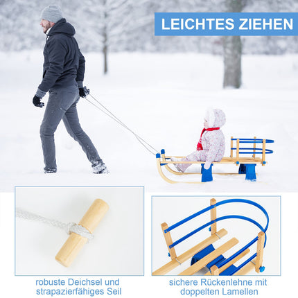 Folding Wooden Sled with Backrest and Pull Rope, Blue