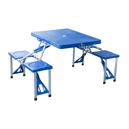 Folding aluminum camping table set with 4 seats, blue
