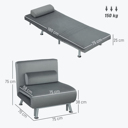 Folding armchair with bed function, foldable recliner chair in velvet look, adjustable backrest, 75 x 70 x 75 cm, grey