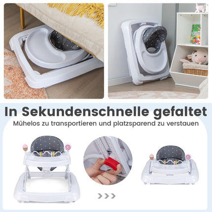 Folding baby walker with wheels, 3-level height adjustable & removable soft seat cushion, grey