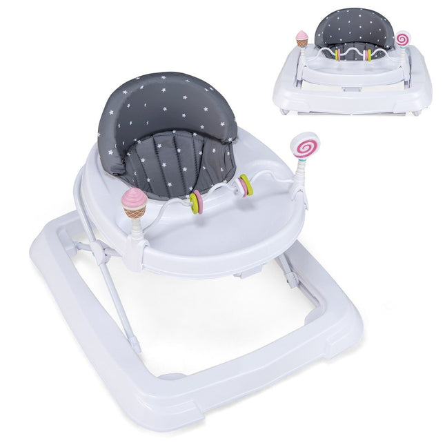 Folding baby walker with wheels, 3-level height adjustable & removable soft seat cushion, grey
