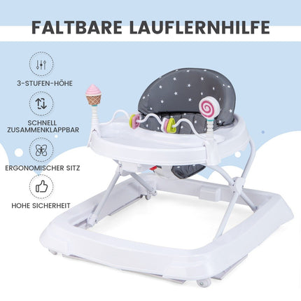 Folding baby walker with wheels, 3-level height adjustable & removable soft seat cushion, grey