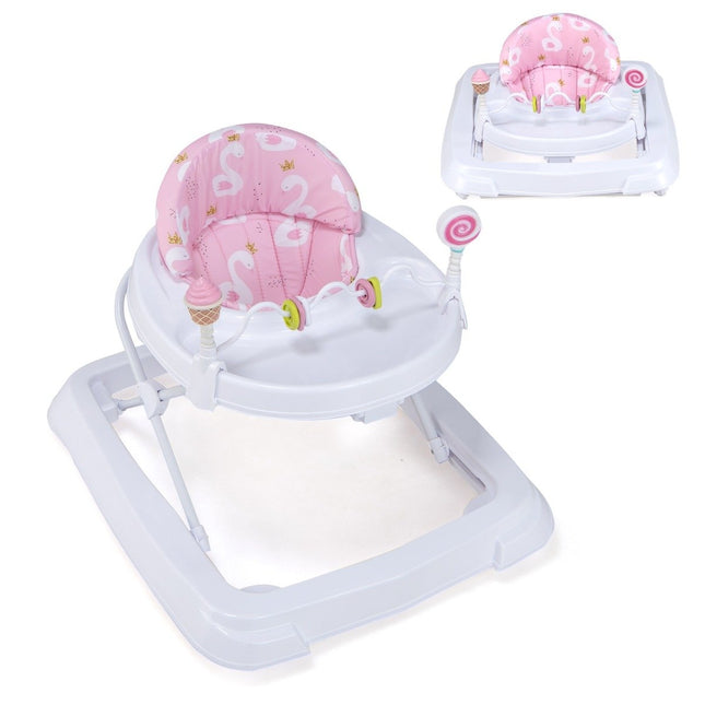 Folding baby walker with wheels, 3 levels, height adjustable & removable soft seat cushion, pink