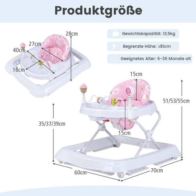 Folding baby walker with wheels, 3 levels, height adjustable & removable soft seat cushion, pink