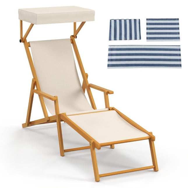 Folding beach lounger with tilting canopy & adjustable backrest & footrest