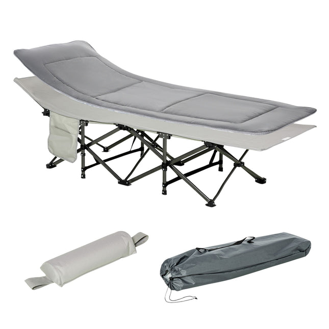 Folding camping bed - light grey, with pillow and mattress