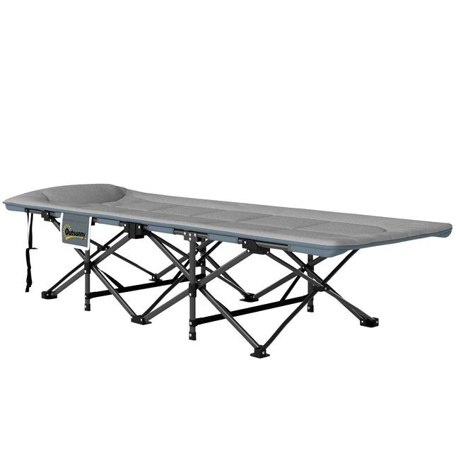 Folding camping bed with mattress, pillow & pocket - Grey