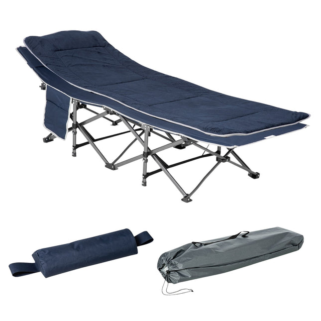 Folding camping bed with pillow and pocket, 150 kg capacity