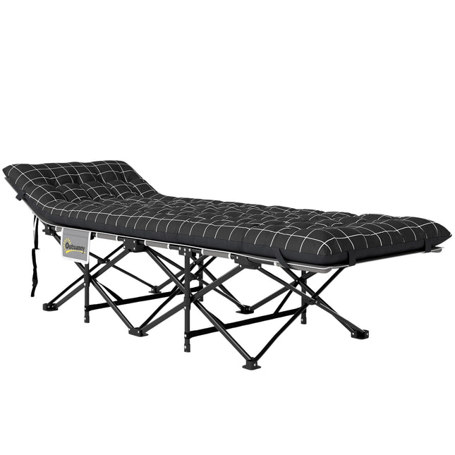 Folding camping bed with side pocket - non-slip, 150 kg capacity