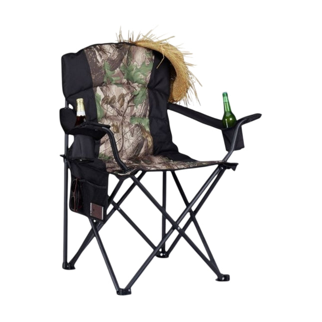 Folding camping chair with bottle holder