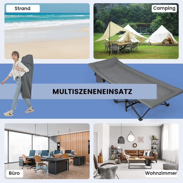 Folding camping lounger with side pocket, camp bed, load capacity up to 200 kg, guest bed, grey