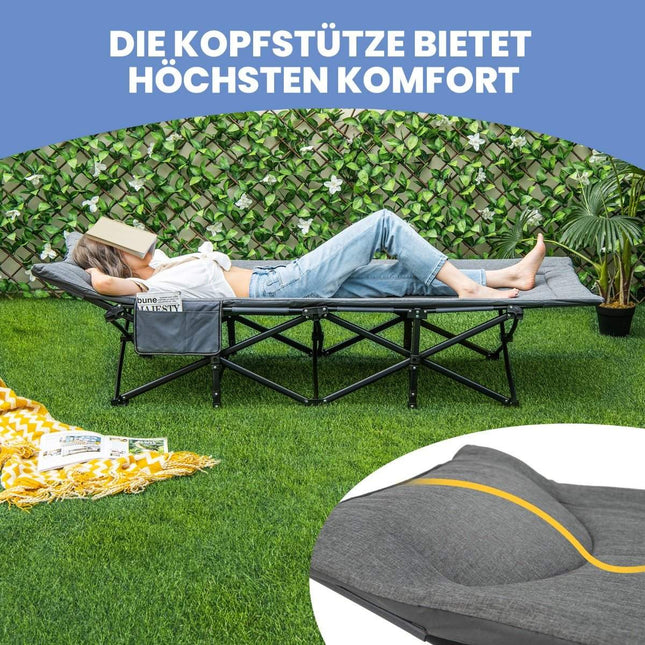 Folding camping lounger with side pocket, camp bed, load capacity up to 200 kg, guest bed, grey