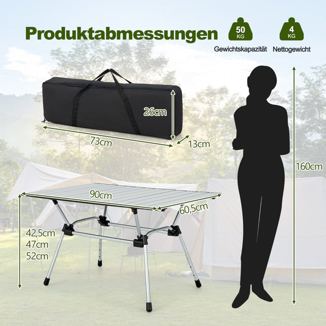 Folding camping table with carrying bag, 4 levels height adjustable 90 x 60.5 x 52 cm silver