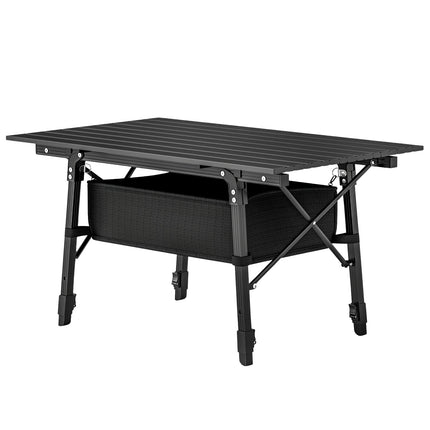 Folding camping table with storage, adjustable height