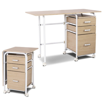Folding computer table with 3 drawers desk 105 x 50 x 75 cm natural