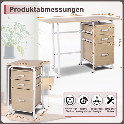 Folding computer table with 3 drawers desk 105 x 50 x 75 cm natural