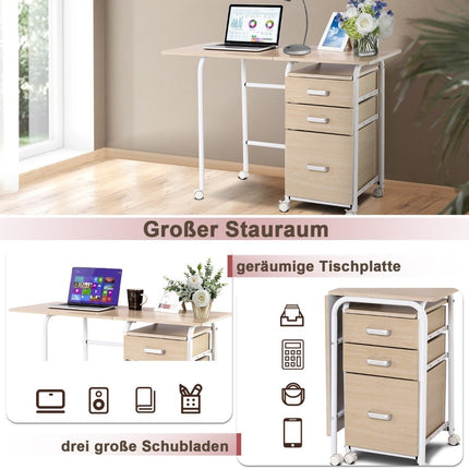 Folding computer table with 3 drawers desk 105 x 50 x 75 cm natural