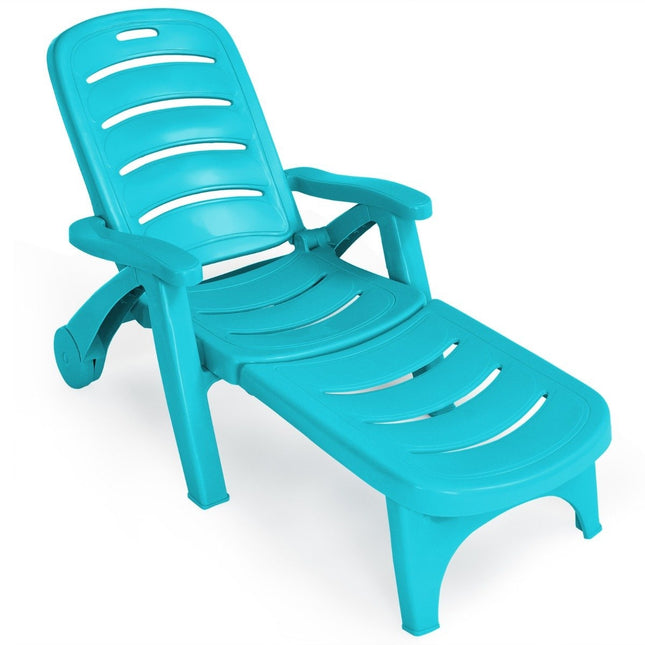 Folding deck chair 5-way adjustable outdoor garden lounger with built-in wheels turquoise