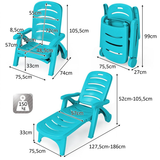 Folding deck chair 5-way adjustable outdoor garden lounger with built-in wheels turquoise