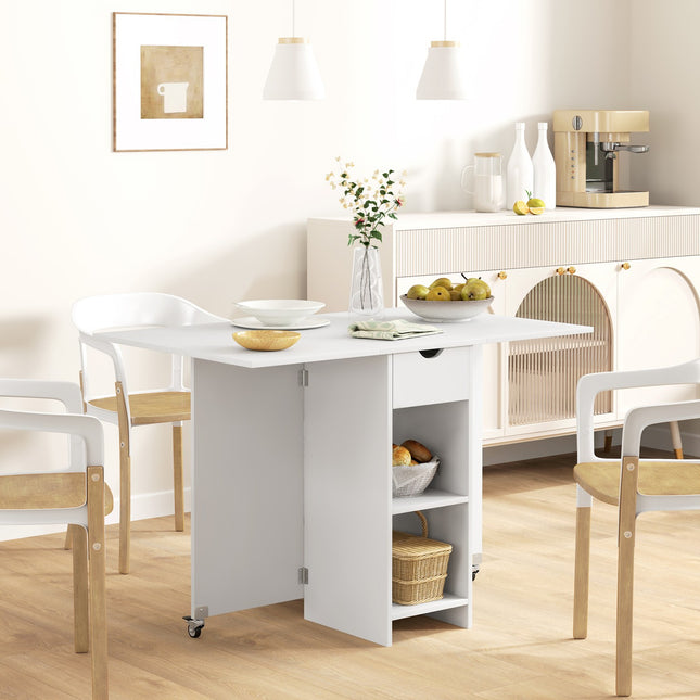 Folding dining table with shelves and drawer, White