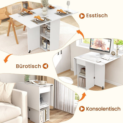 Folding dining table with 2 wheels, mobile folding table, dining room table with 2-tiered storage area and drawer, white
