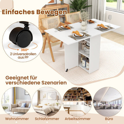 Folding dining table with 2 wheels, mobile folding table, dining room table with 2-tiered storage area and drawer, white