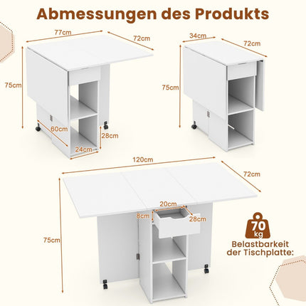 Folding dining table with 2 wheels, mobile folding table, dining room table with 2-tiered storage area and drawer, white