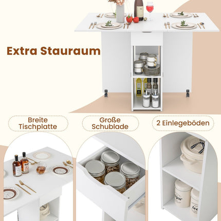 Folding dining table with 2 wheels, mobile folding table, dining room table with 2-tiered storage area and drawer, white