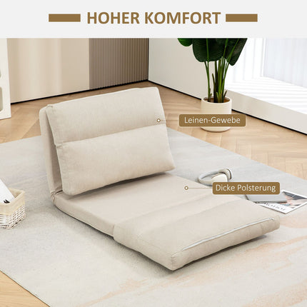 Adjustable folding floor chair, bed function, linen look, brown