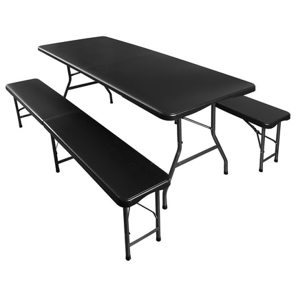 Folding garden table 180cm + 2 benches - black