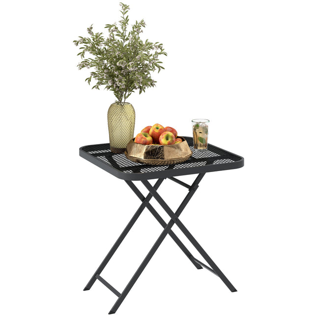 Opklapbare tuintafel 70 x 70 cm, weerbestendige balkontafel, stalen klaptafel met uitgesneden design, eettafel voor buiten, vierkante bijzettafel, terrastafel voor tuin, terras, balkon, zwart