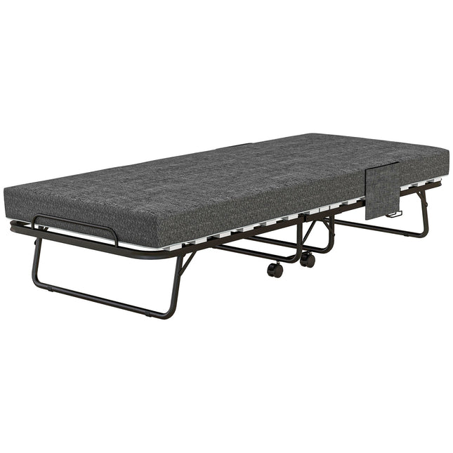 Folding guest bed with wheels, 10 cm mattress, dark grey