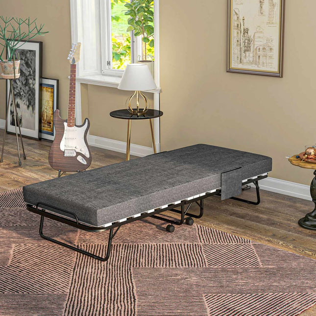 Folding guest bed with wheels, 10 cm mattress, dark grey