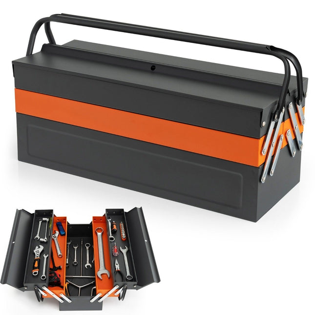 Folding metal tool box with 5 compartments & padlock on 3 levels tool box