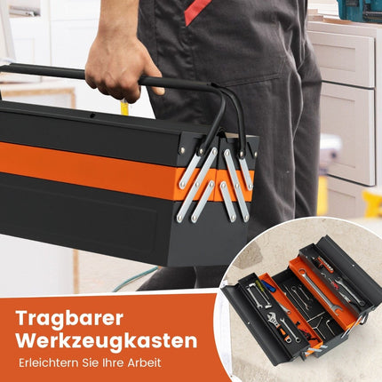 Folding metal tool box with 5 compartments & padlock on 3 levels tool box