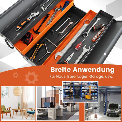Folding metal tool box with 5 compartments & padlock on 3 levels tool box