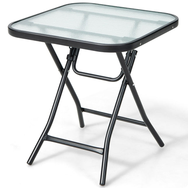 Folding patio side table square glass table with stainless frame black
