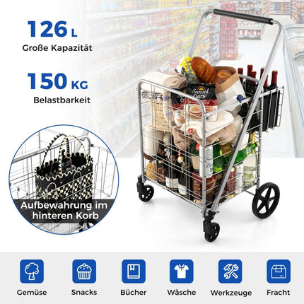 Folding shopping trolley on wheels with removable Oxford bag & 2 baskets silver