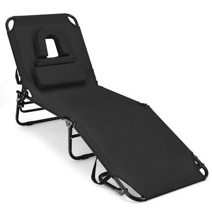 Folding sun lounger with face opening & 3 cushions & 5-way adjustable backrest black