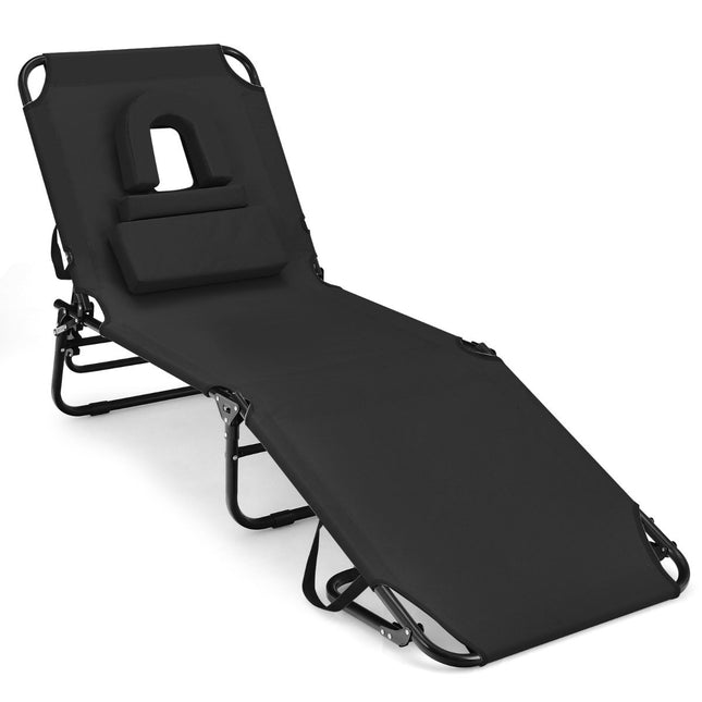 Folding sun lounger with face opening & 3 cushions & 5-way adjustable backrest black