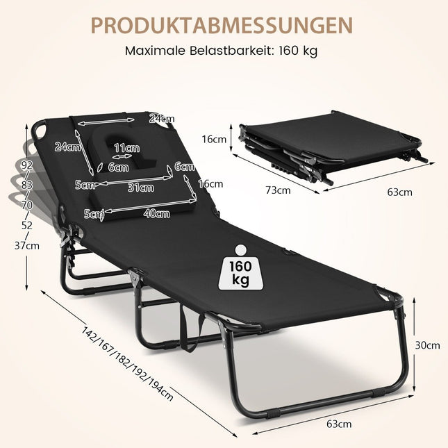 Folding sun lounger with face opening & 3 cushions & 5-way adjustable backrest black