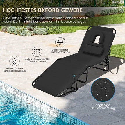 Folding sun lounger with face opening & 3 cushions & 5-way adjustable backrest black