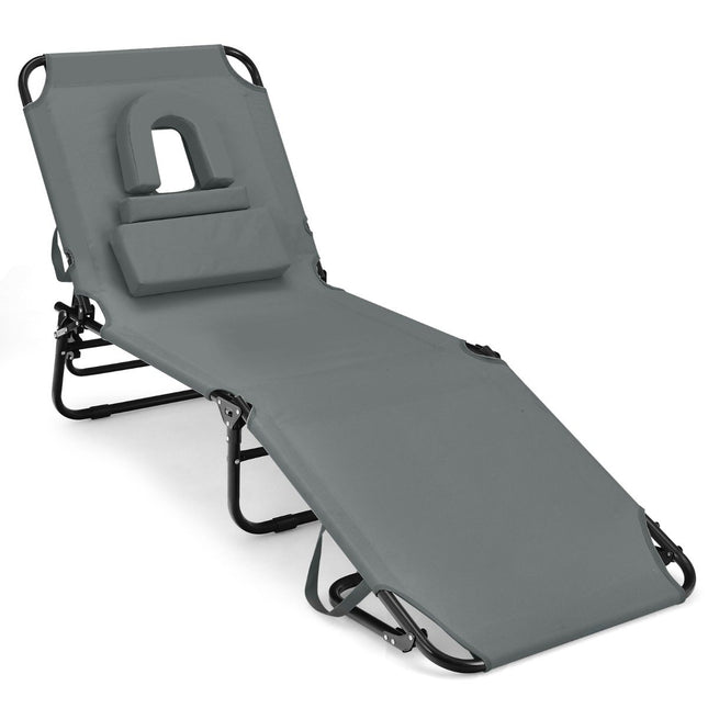 Folding sun lounger with face opening & 3 cushions & 5-way adjustable backrest gray