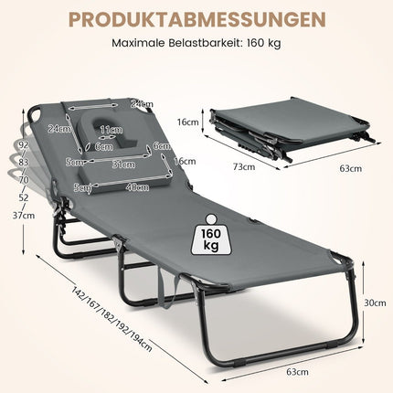 Folding sun lounger with face opening & 3 cushions & 5-way adjustable backrest gray